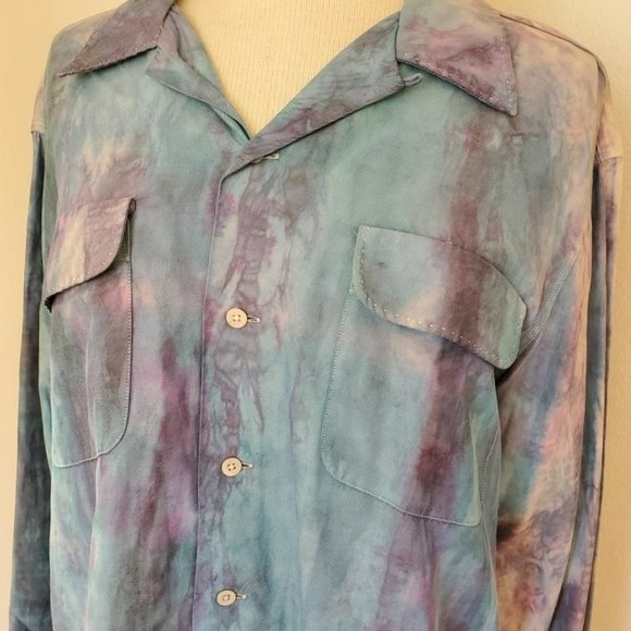 Ralph Lauren Shirt Silk cotton tie dye cowboy indigo blue denim purple gray XL